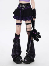 Clearance - Size M for Waist 68cm Y2K Black and Purple Plaid Buckle Belt Design Lined Tiered Skirt with Cross Garter