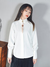 Gothic White Cheongsam Shirt with Metal Clasp & Floral Embroidery