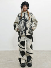 Grey Punk Jacket - Letter, Skeleton & Star Print with Plush Interior