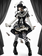 Black and White Circus Vibes Sweet Lolita Full Set- Puff Sleeves Clown Top + Hi-lo Skirt + Accessories