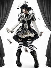 Clearance - Size M for Bust 94cm Black and White Circus Vibes Sweet Lolita Full Set- Puff Sleeves Clown Top + Hi-lo Skirt + Accessories