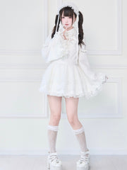 White Gothic Jirai Kei Dress Tiered Lace Skirt with Detachable Bell Sleeves