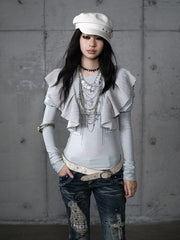 Dusty Blue Chain Print Top with Juliette Sleeves & Flutter Overlays