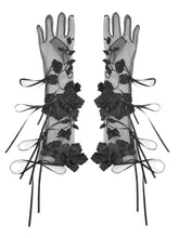 Floral Embellished Black Sheer Gloves with Ribbon Ties
