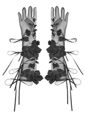 Floral Embellished Black Sheer Gloves with Ribbon Ties