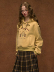 Yellow Preppy Style Hoodie with Squirrel Embroidery & Drawstring Hood