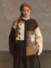 Vintage Beige & Brown Patchwork Knitted Cardigan with Pony Motif