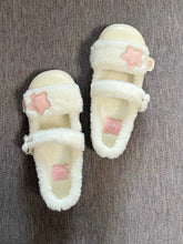 Pink Star Accent Plush Lolita Beige Flats - Cozy Fleece-Lined & Snap Button