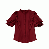Wine Red Ruffle Neckline Blouse with Puff Sleeves and Pleating Details