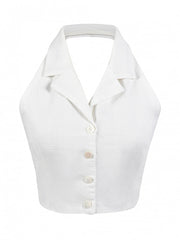 Vintage White Halter Neck Self-tie Straps Backless Top