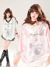 Pink/Silver Blokette Core V-Neck Striped T-Shirt