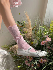 White/Black/Pink Lace Cuff Calf Socks with Bow Decoration