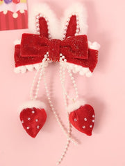 Sweet Lolita Plush Bunny Ear Velvet Bowknot Strawberry Hairclip