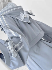 Tenshi Kawaii Jirai Kei Sports Set - Light Blue Cat Ear Hooded Jacket & Skirt with White Lace Trim