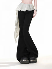 Clearance - Size L for Waist 80cm Black Elastic Waist Patchwork Design Asymmetrical Hem Flared Pants