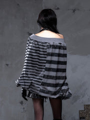 Y2K Versatile Punk Gray Off-Shoulder Batwing Sweatshirt Dress with Cross Print & Black Stripes