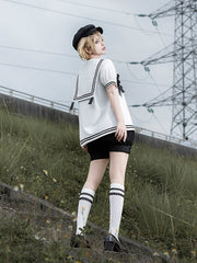 White Sailor Collar Short Sleeves Shirt and Black Shorts