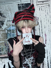 Black & Red Striped Cat Ear Knit Beanie – Gothic Harajuku Style