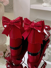 Wine Red Crisscross Design Bow at Top Heart Buckles Sweet Lolita Shoes With Dual Detachable Buckle Ankle Straps