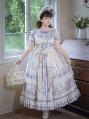 Plus Sizes Available Purple Floral Print and Embroidery Classic Lolita Short Sleeves Dress