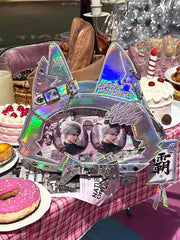 Kitty Ear Design Bowknot Studs Detail Holographic Color PU Tote Ita Bag with Free Card Holder