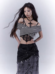 Black and White Off-the-shoulder Neckline Studded Striped Strapless Top