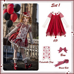 Red Stripes Clowncore Lolita Dress Set - Juliette Sleeves OP + Detachable Printed Panel + Bow + KC + Waist Belt