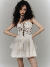 White Punk Slip Dress with Crisscross Lacing & Distressed Tulle Tiered Skirt
