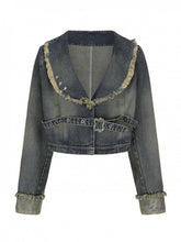 Plus Size Wasteland Punk Y2K Gray-Blue Crop Denim Jacket with Raw Hem