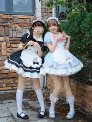 Blue and Pink Sweet Maid Lolita Kitty Paw Embroidery Apron Dress