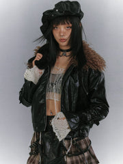 Glossy Black Metal Eyelet Hem Punk Padded Jacket with Detachable Faux Fur Collar & Wing Embroidery