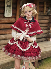 Wine Red Twill Hooded Cape with Lace Accents