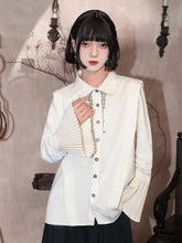 Gothic White Cheongsam Regular/Thicken Bronze Embroidery Blouse with Pleated Bell Sleeve & Convertible Collar