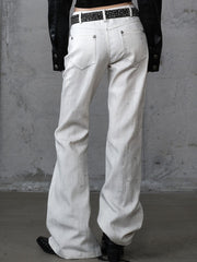 White Punk Wide-Leg Chain Print Pants with Cross Studs & Button-Up Fly