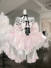Pink Satin Balletcore Princess Dress with Polka Dot Off-the-Shoulder Detail and Large Bow