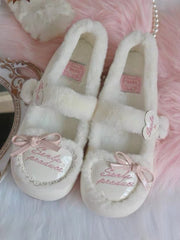 Sweet PU Snap Button Beige Flats with Letter Embroidery Heart Accents & Cozy Fleece Lining