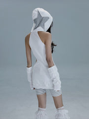 Punk Two-Piece Casual Set: White Graffiti Cutout Hoodie Dress & Striped Shorts