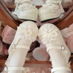 Sweet Lolita White Mary Janes with Bow Accents & Scalloped Hem Strap