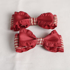 Red & White Plaided Lolita Bow Hairclips with Ruffled Edges