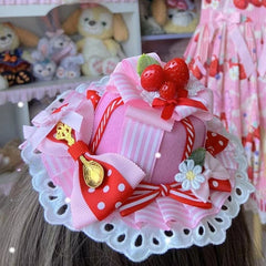 Pink Strawberry Decorated Bowknot Details Floral Design Lace Trim Mini Hat