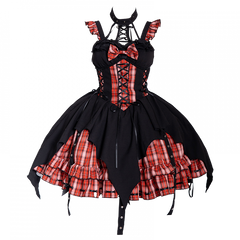 Black and Red Plaid Punk Dress Basque Waist Strappy Lolita Jumper Skirt