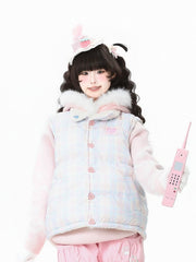 Daily Kawaii Pink 2-Way Plaid Vest with Heart Button Closure & Plush Fleece Lining
