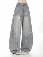 Y2K Blue/Black Wide-leg Jeans with Star Pattern, Low-rise Design & Front Zipper with Button Closure