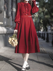 Wine Red Bishop Sleeves Vintage Dress Ruffle Neckline