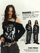 Punk Y2K Black Asymmetrical Cutout Shoulder Top