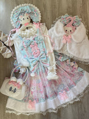 Light Green & Pink Cat Print Sweet Lolita Dress with Bow Accents and Fur Trim Hem