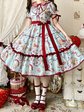 Teddy and Strawberry Print Blue Lolita Short Sleeves Dress