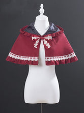 Wine Red Twill Hooded Cape with Lace Accents