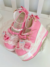 Clearance - Size 38 for Foot Length 24cm Deep Pink Platform Shoes for Sweet Lolita - PU Leather with Heart Buckle, Bow Embellishments and Lace Trim