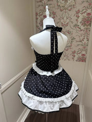 Black and White Polka Dot Elegant Halter Neck Dress / Black Peter Pan Collar Semi-Sheer Tulle Blouse